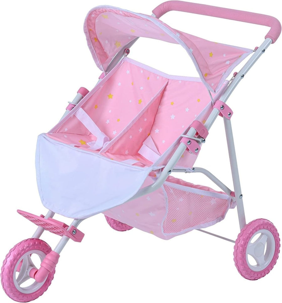 Double Twin Dolls Pram Stroller Pushchair for 16 - 18" Dolls – Pink Stars - Kwikley