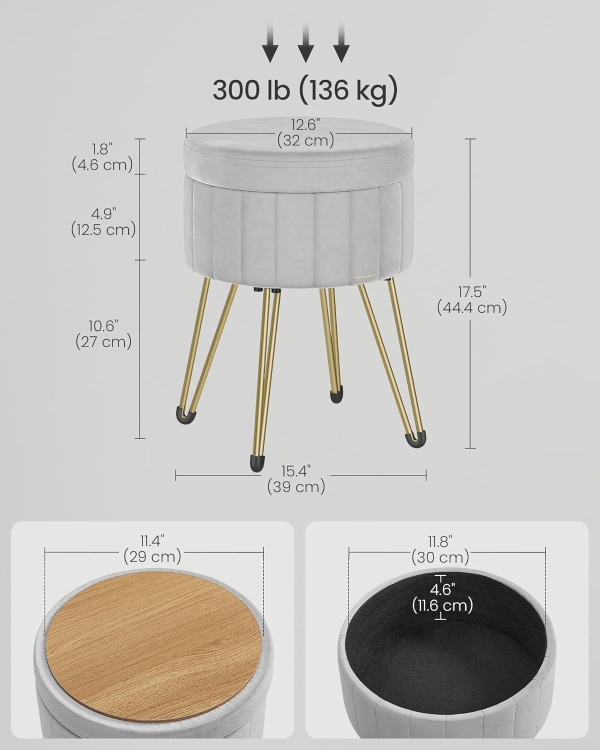 Dove Grey Velvet Storage Ottoman Round Stool Dressing Table Seat 39cm - Kwikley
