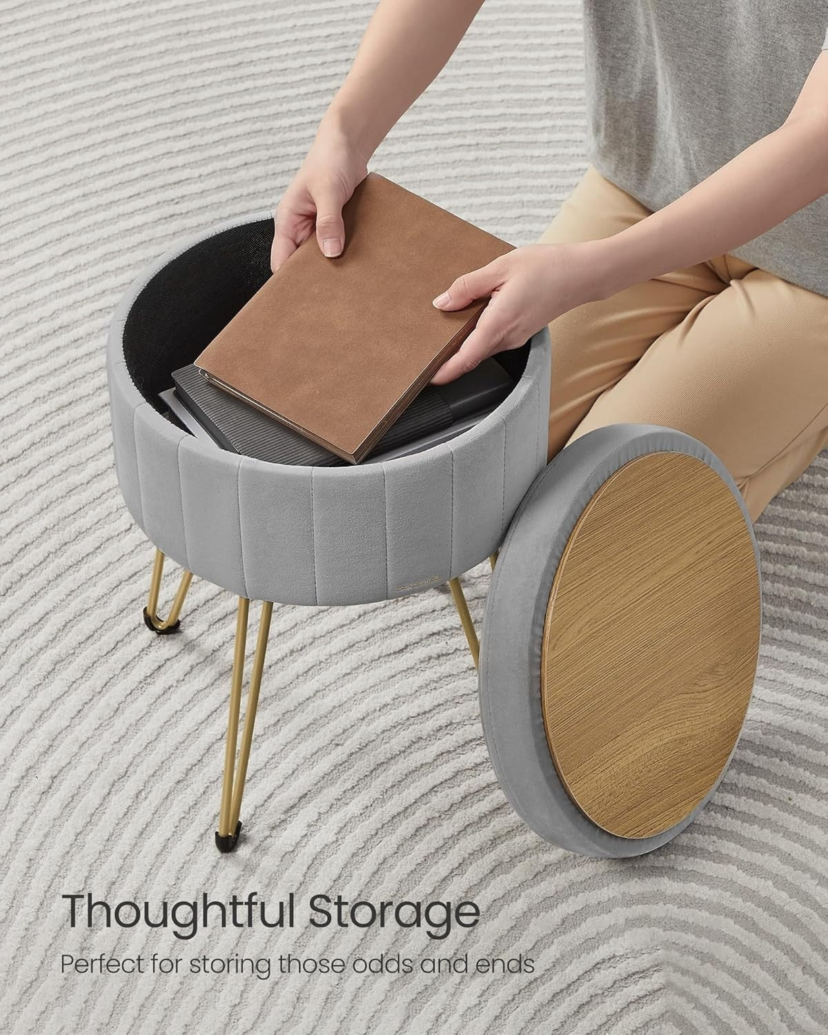 Dove Grey Velvet Storage Ottoman Round Stool Dressing Table Seat 39cm - Kwikley