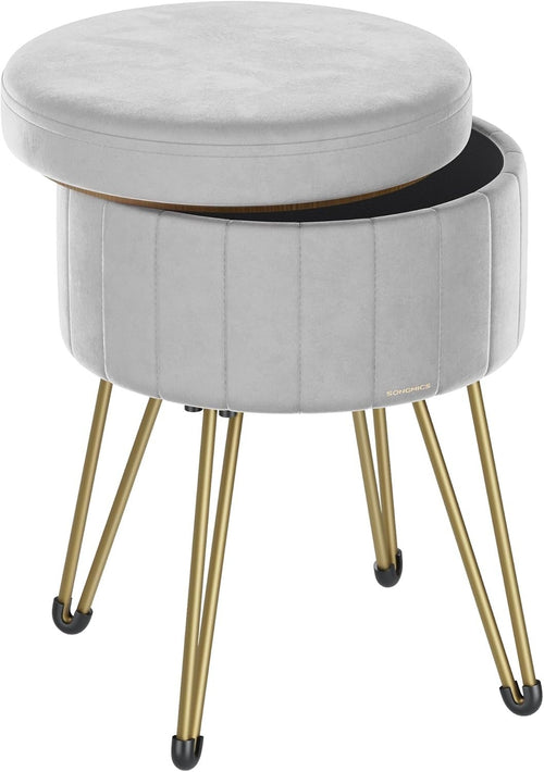 Dove Grey Velvet Storage Ottoman Round Stool Dressing Table Seat 39cm - Kwikley