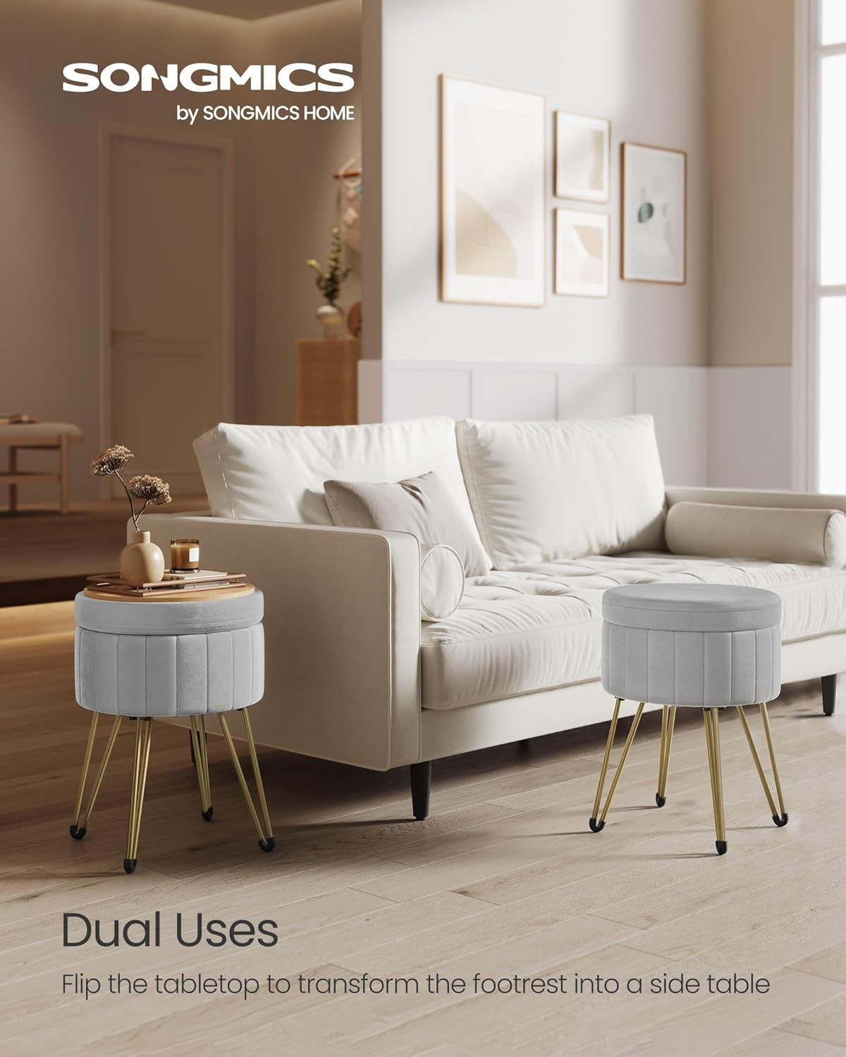 Dove Grey Velvet Storage Ottoman Round Stool Dressing Table Seat 39cm - Kwikley