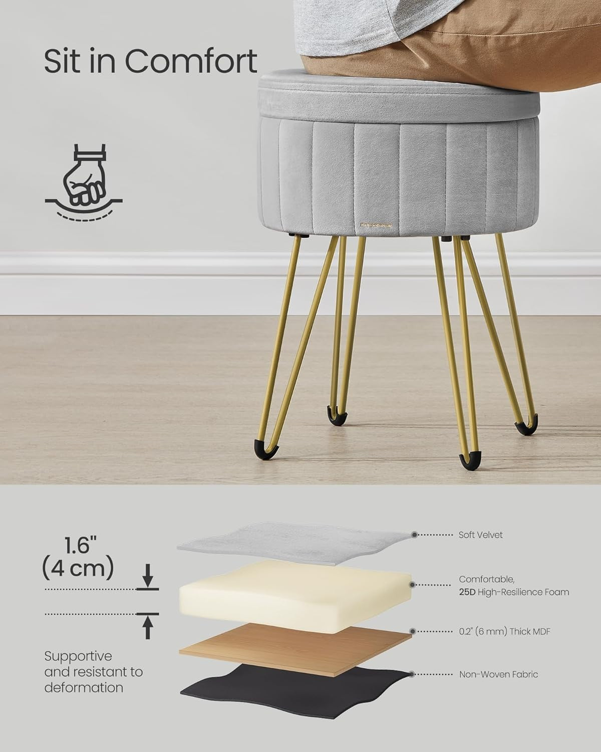 Dove Grey Velvet Storage Ottoman Round Stool Dressing Table Seat 39cm - Kwikley