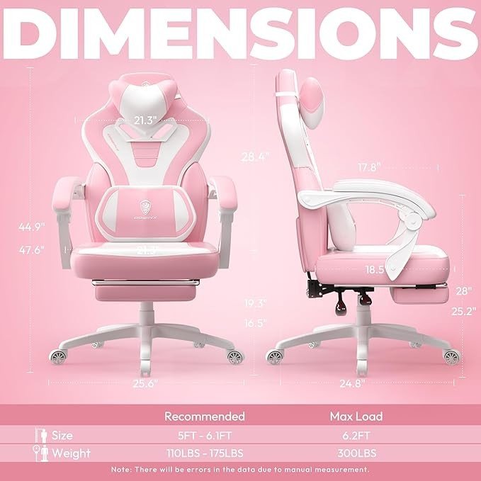 Dowinx PU Leather Gaming Chair w/ Footrest Ergonomic Pink White - Kwikley