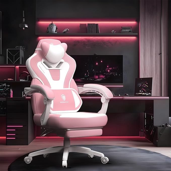 Dowinx PU Leather Gaming Chair w/ Footrest Ergonomic Pink White - Kwikley