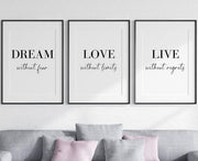Dream Love Live A4 Wall Art Prints Set of 3 Minimalist Quotes - Kwikley
