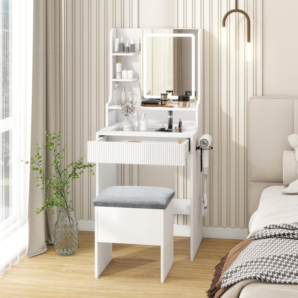 Dressing Table Makeup Vanity Desk w/LED Mirror USB Charging Station Storage - Kwikley