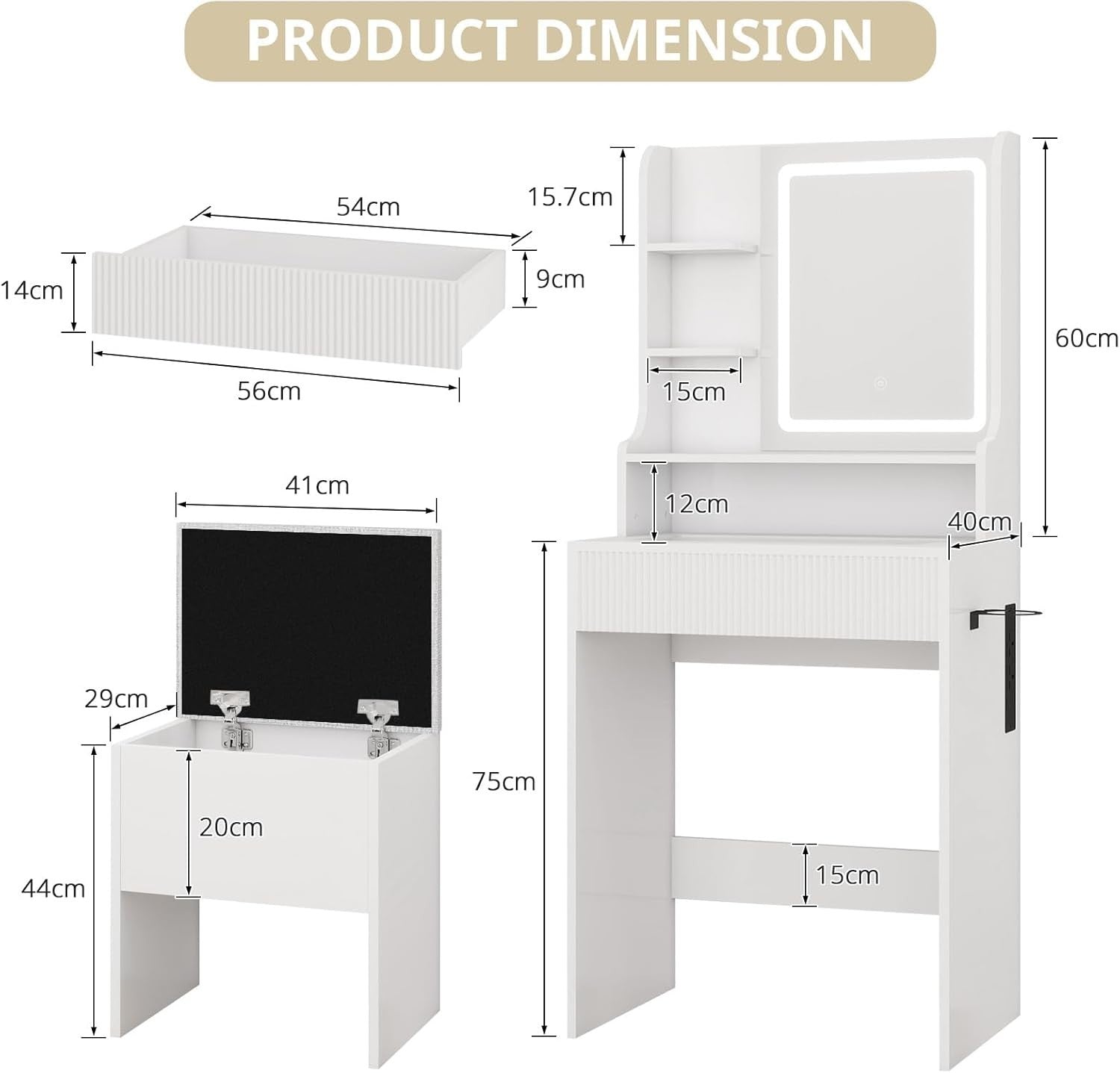 Dressing Table Makeup Vanity Desk w/LED Mirror USB Charging Station Storage - Kwikley