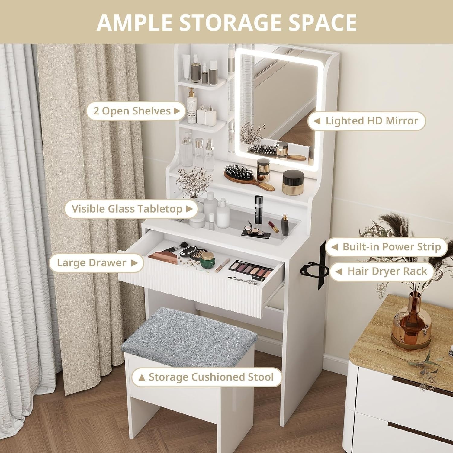 Dressing Table Makeup Vanity Desk w/LED Mirror USB Charging Station Storage - Kwikley