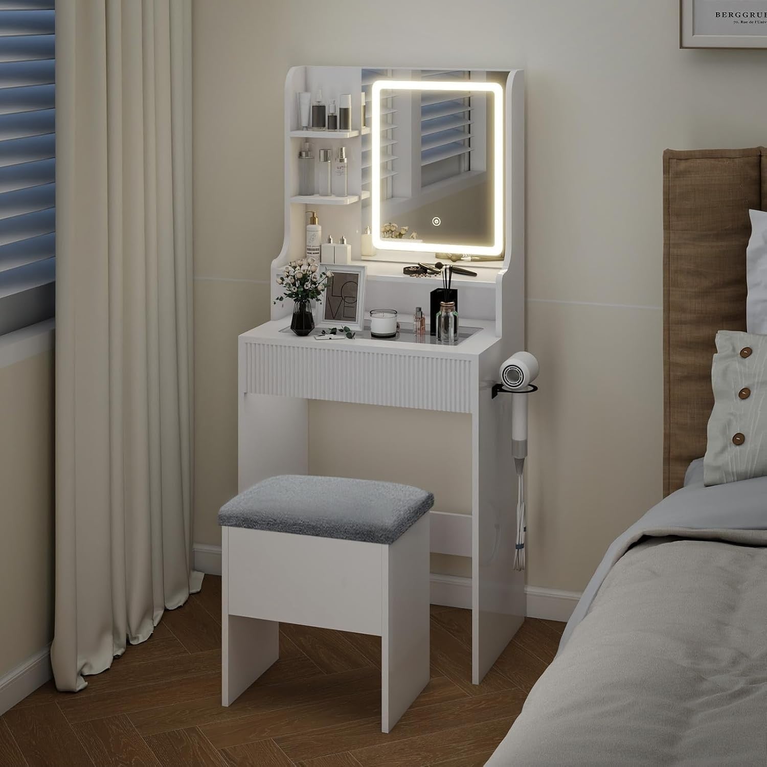 Dressing Table Makeup Vanity Desk w/LED Mirror USB Charging Station Storage - Kwikley