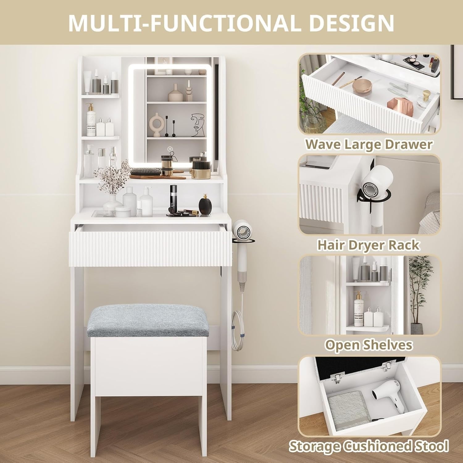 Dressing Table Makeup Vanity Desk w/LED Mirror USB Charging Station Storage - Kwikley