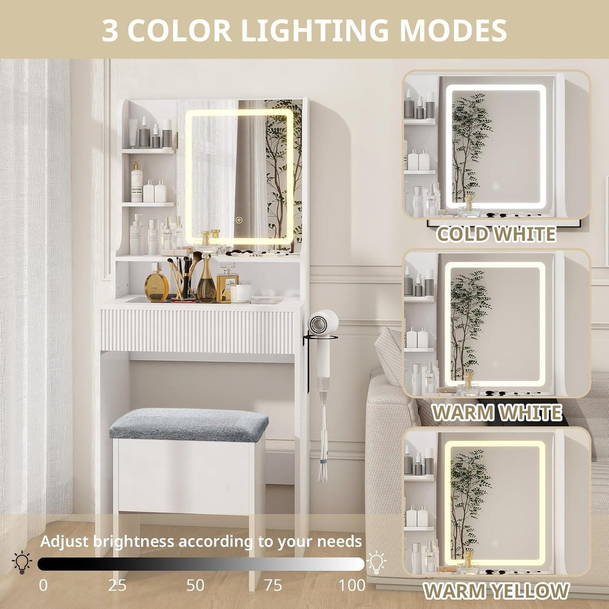 Dressing Table Makeup Vanity Desk w/LED Mirror USB Charging Station Storage - Kwikley