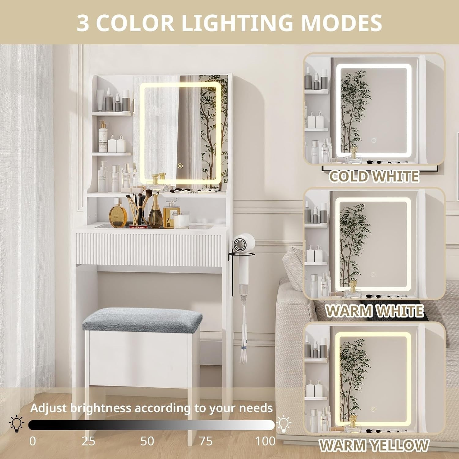 Dressing Table Makeup Vanity Desk w/LED Mirror USB Charging Station Storage - Kwikley