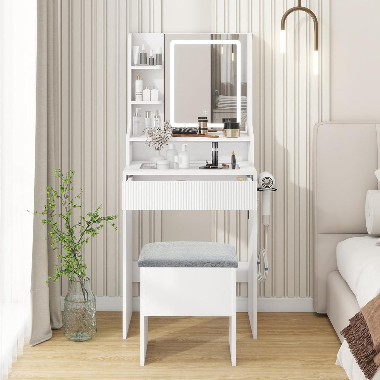 Dressing Table Makeup Vanity Desk w/LED Mirror USB Charging Station Storage - Kwikley