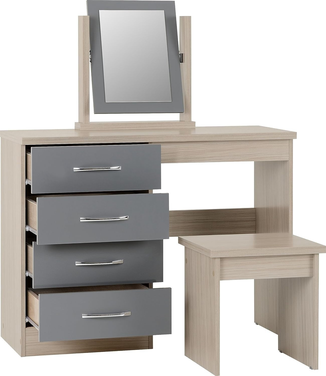 Dressing Table Set Mirror Stool 4 Drawer Chest Grey Gloss Oak Effect Vanity Unit - Kwikley