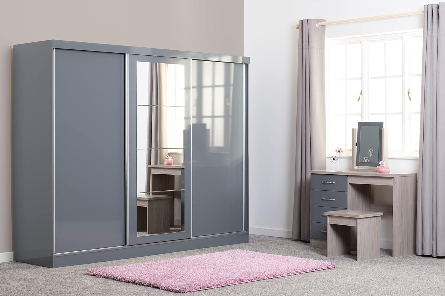 Dressing Table Set Mirror Stool 4 Drawer Chest Grey Gloss Oak Effect Vanity Unit - Kwikley