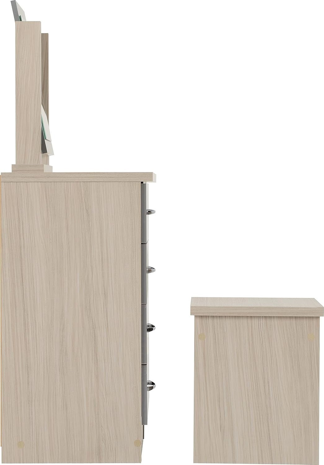Dressing Table Set Mirror Stool 4 Drawer Chest Grey Gloss Oak Effect Vanity Unit - Kwikley