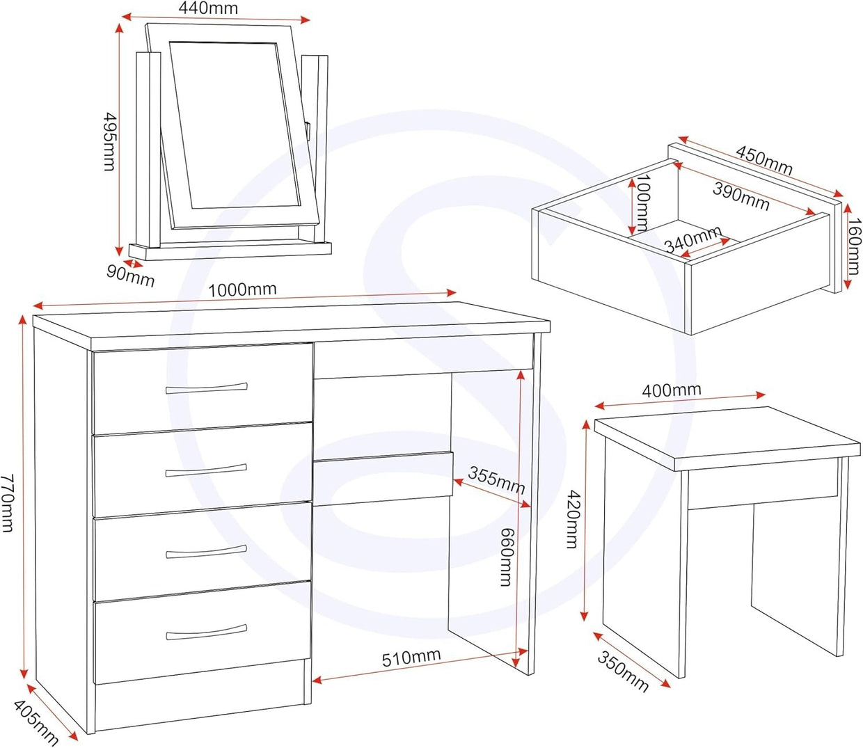 Dressing Table Set Mirror Stool 4 Drawer Chest Grey Gloss Oak Effect Vanity Unit - Kwikley