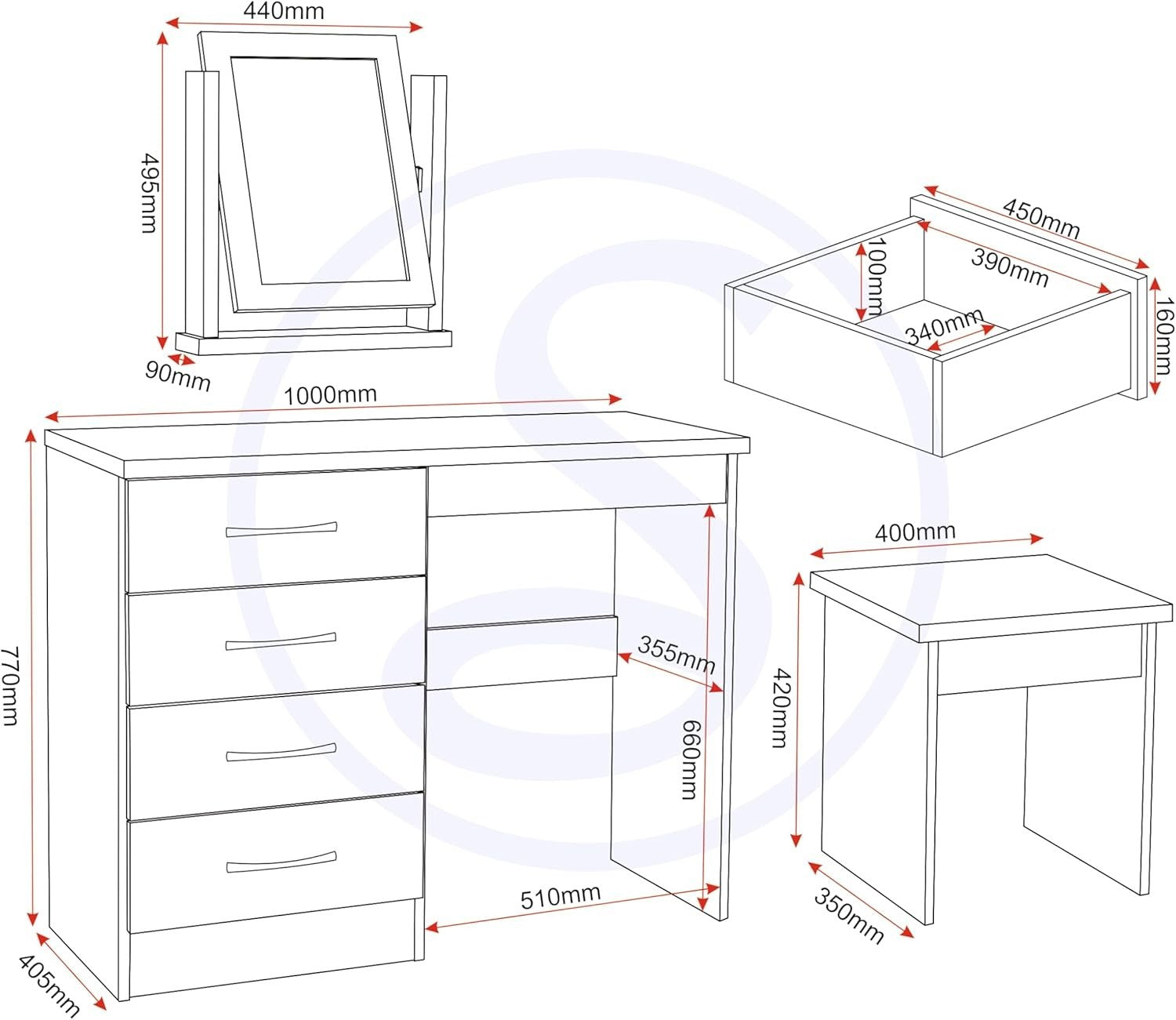 Dressing Table Set Mirror Stool 4 Drawer Chest Grey Gloss Oak Effect Vanity Unit - Kwikley