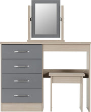 Dressing Table Set Mirror Stool 4 Drawer Chest Grey Gloss Oak Effect Vanity Unit - Kwikley