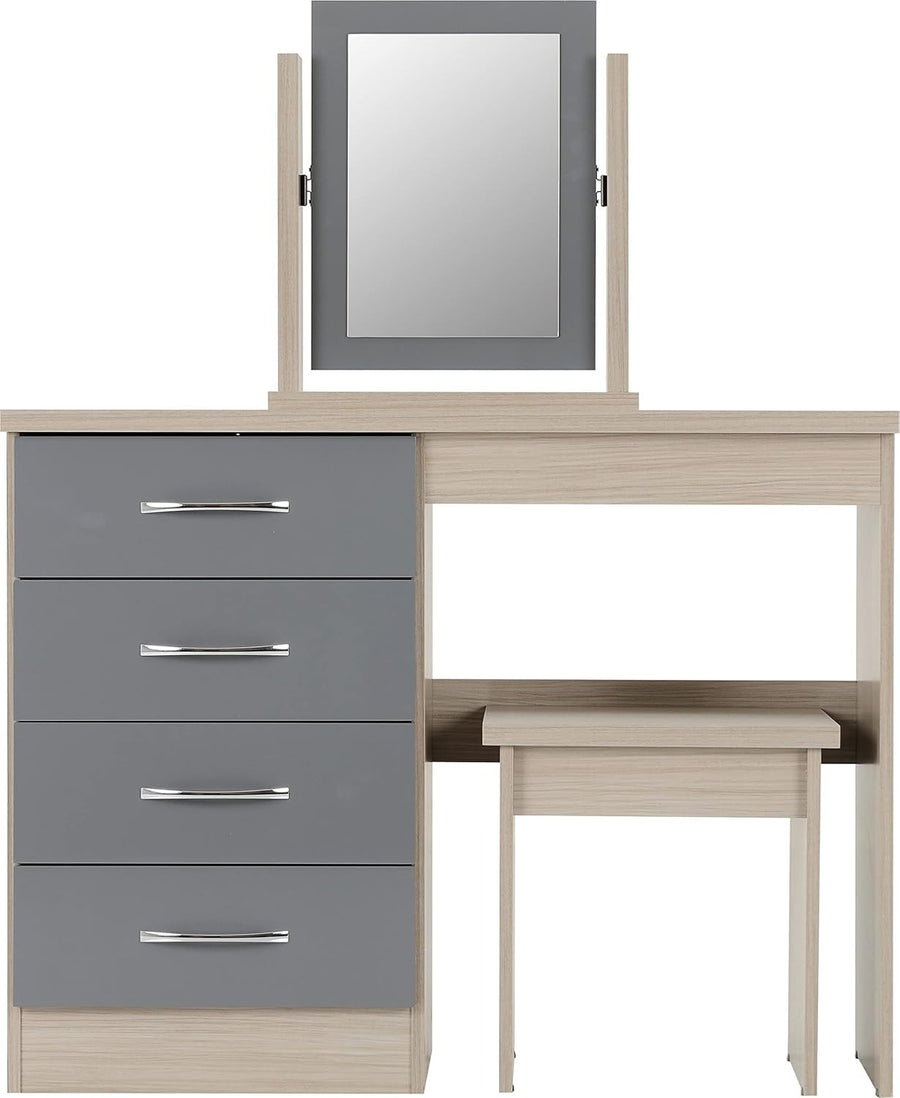 Dressing Table Set Mirror Stool 4 Drawer Chest Grey Gloss Oak Effect Vanity Unit - Kwikley