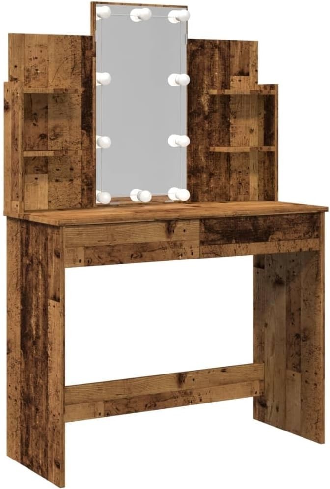 Dressing Table Vanity Desk Mirror LED Lights Storage Drawers Shelves Wood Modern - Kwikley