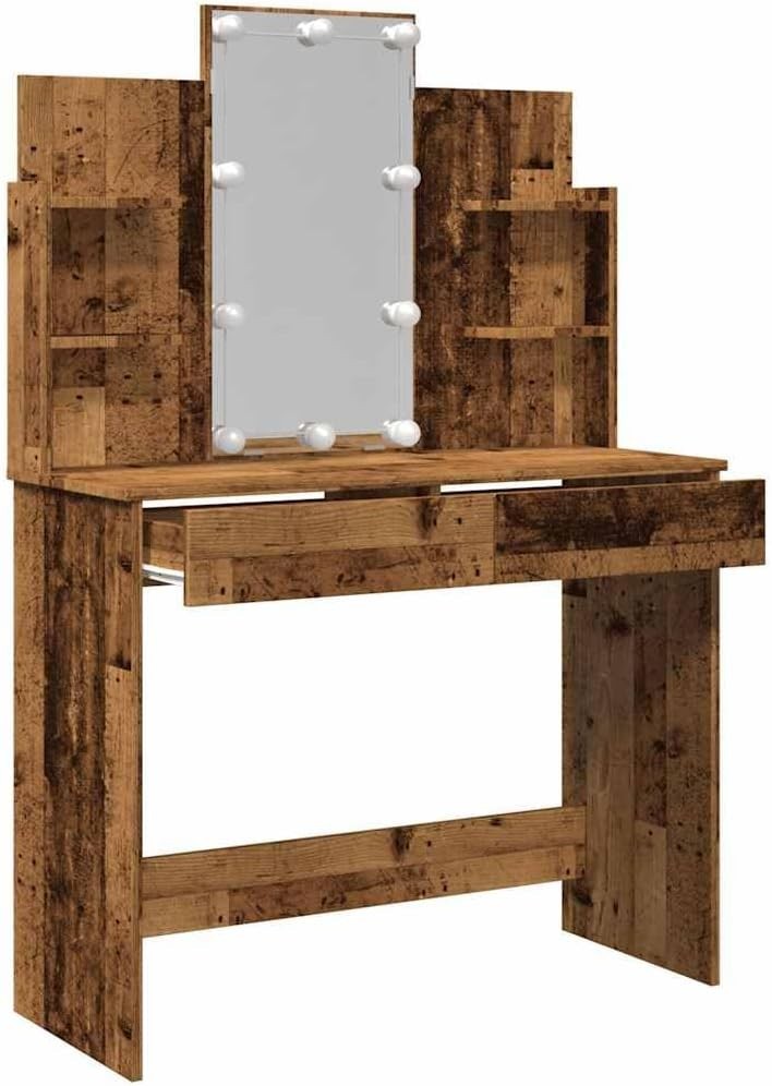 Dressing Table Vanity Desk Mirror LED Lights Storage Drawers Shelves Wood Modern - Kwikley