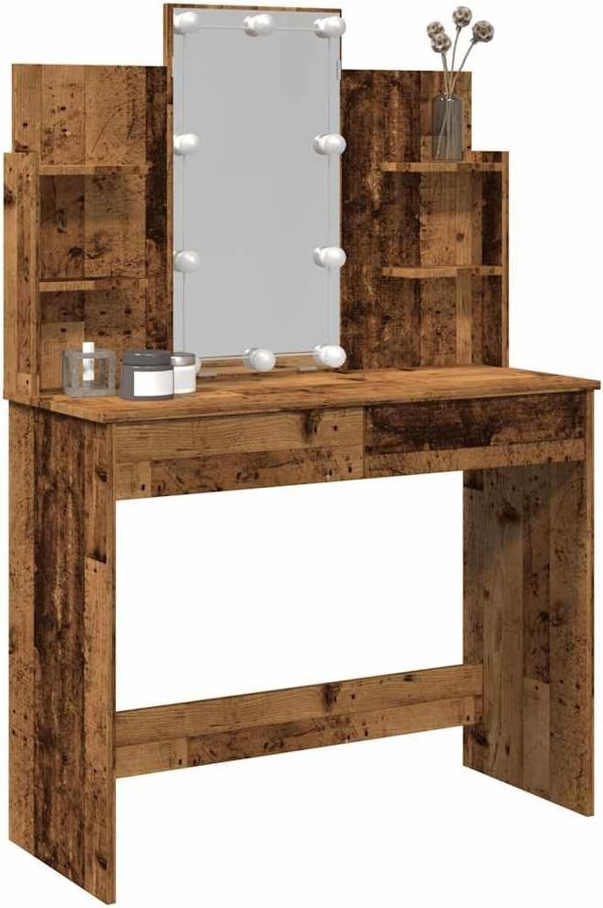 Dressing Table Vanity Desk Mirror LED Lights Storage Drawers Shelves Wood Modern - Kwikley