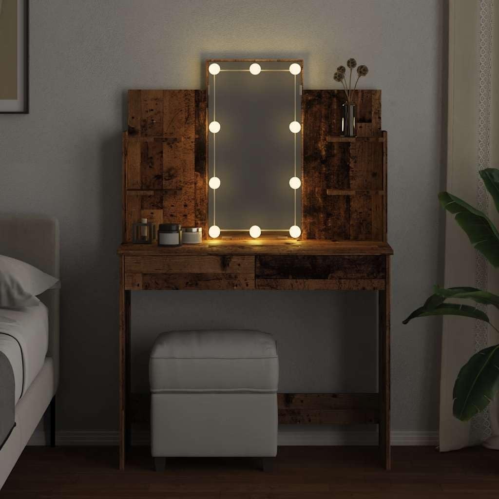 Dressing Table Vanity Desk Mirror LED Lights Storage Drawers Shelves Wood Modern - Kwikley
