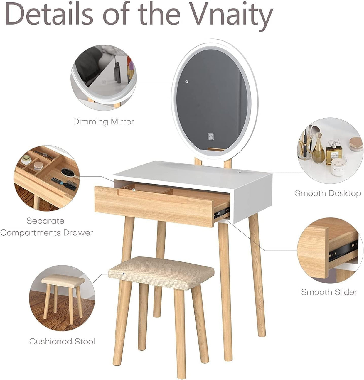 Dressing Table Vanity Desk w/ Oval LED Mirror Makeup Storage Wood Stool Set - Kwikley