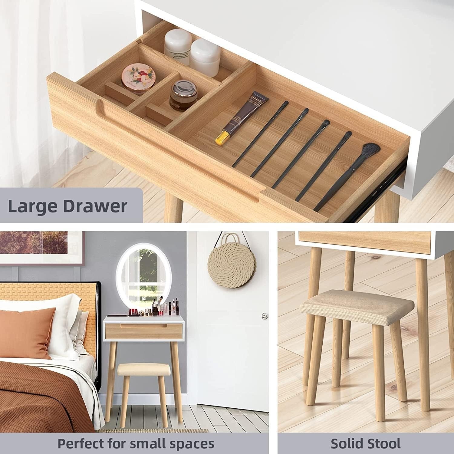 Dressing Table Vanity Desk w/ Oval LED Mirror Makeup Storage Wood Stool Set - Kwikley