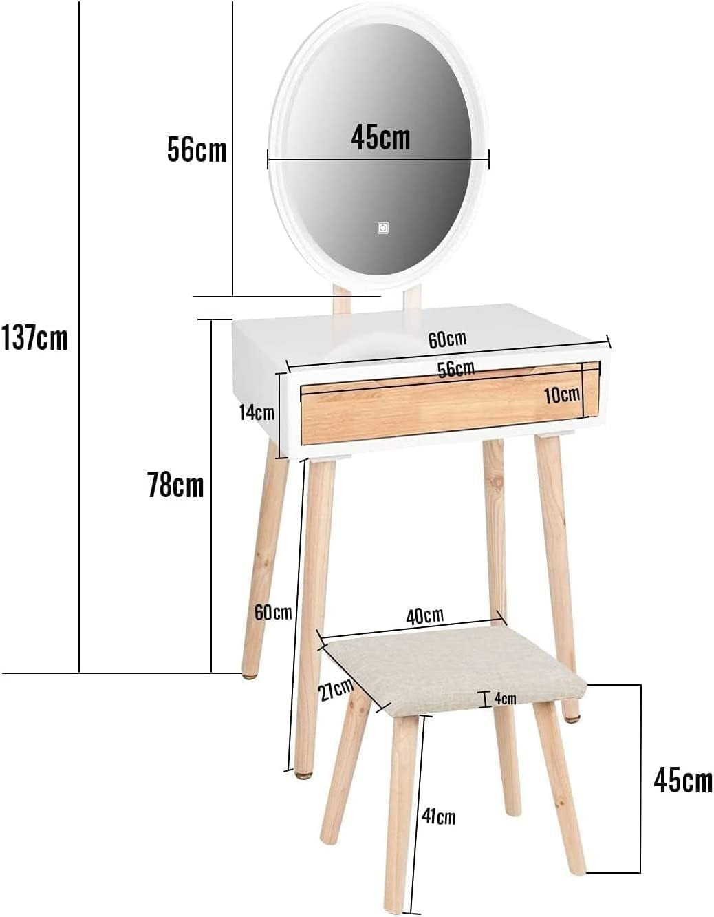 Dressing Table Vanity Desk w/ Oval LED Mirror Makeup Storage Wood Stool Set - Kwikley