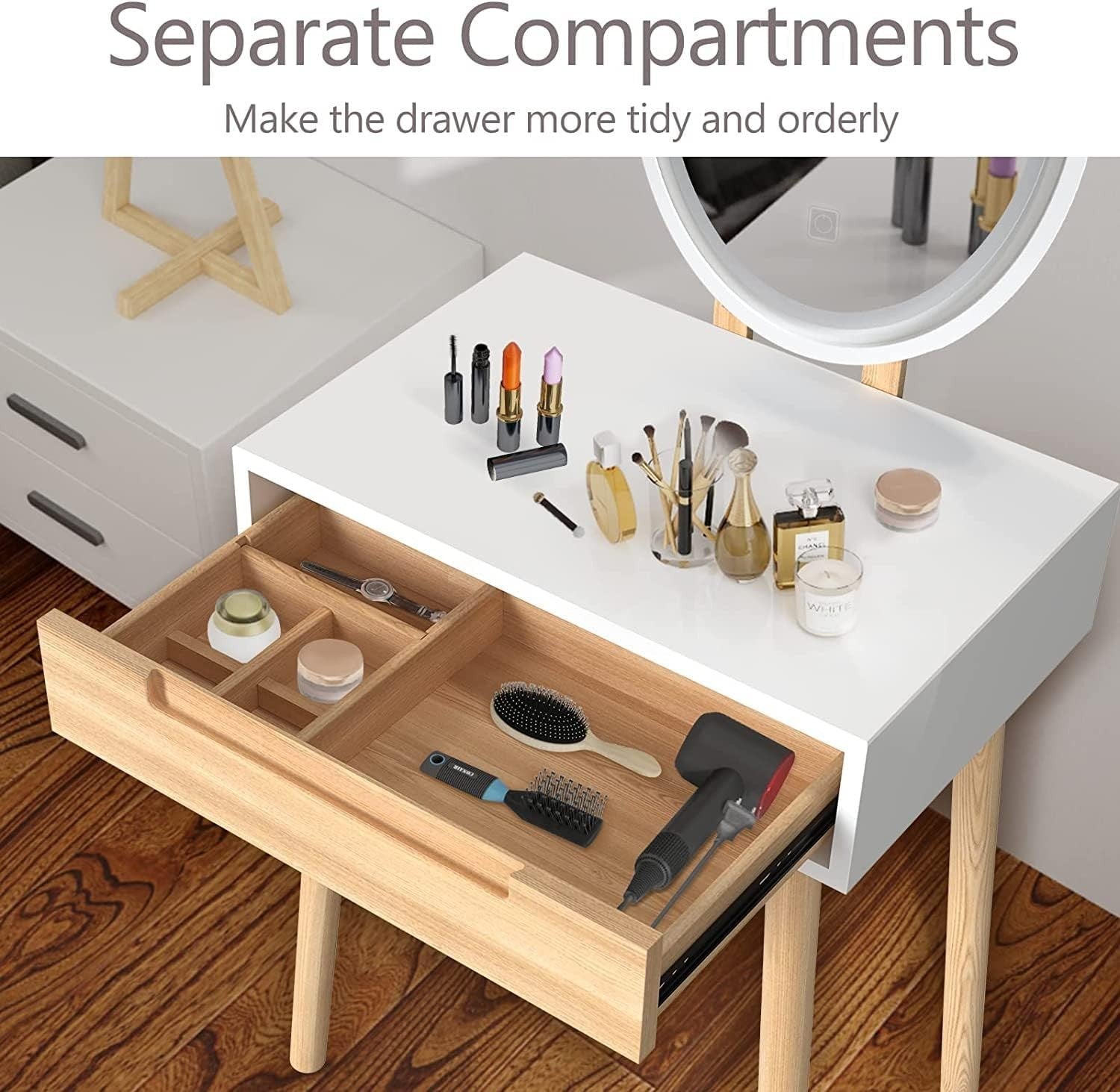 Dressing Table Vanity Desk w/ Oval LED Mirror Makeup Storage Wood Stool Set - Kwikley