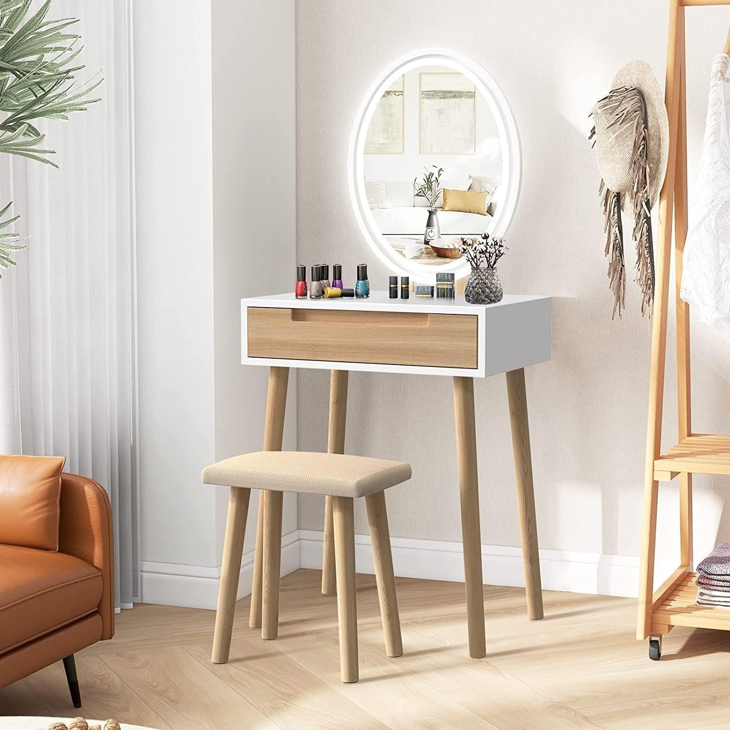 Dressing Table Vanity Desk w/ Oval LED Mirror Makeup Storage Wood Stool Set - Kwikley