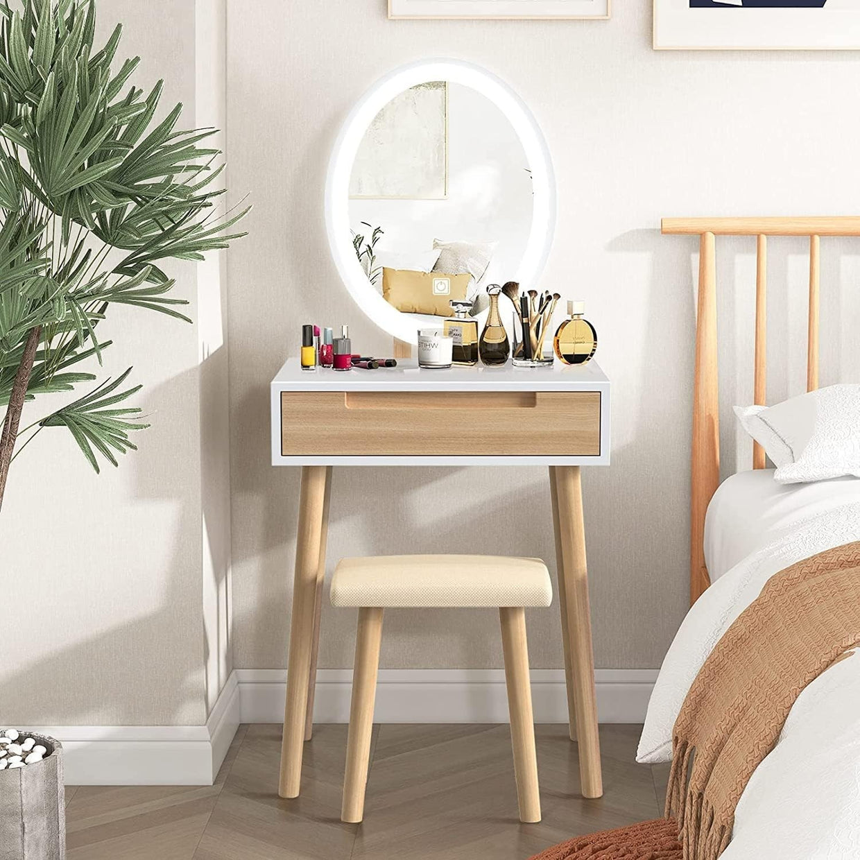 Dressing Table Vanity Desk w/ Oval LED Mirror Makeup Storage Wood Stool Set - Kwikley