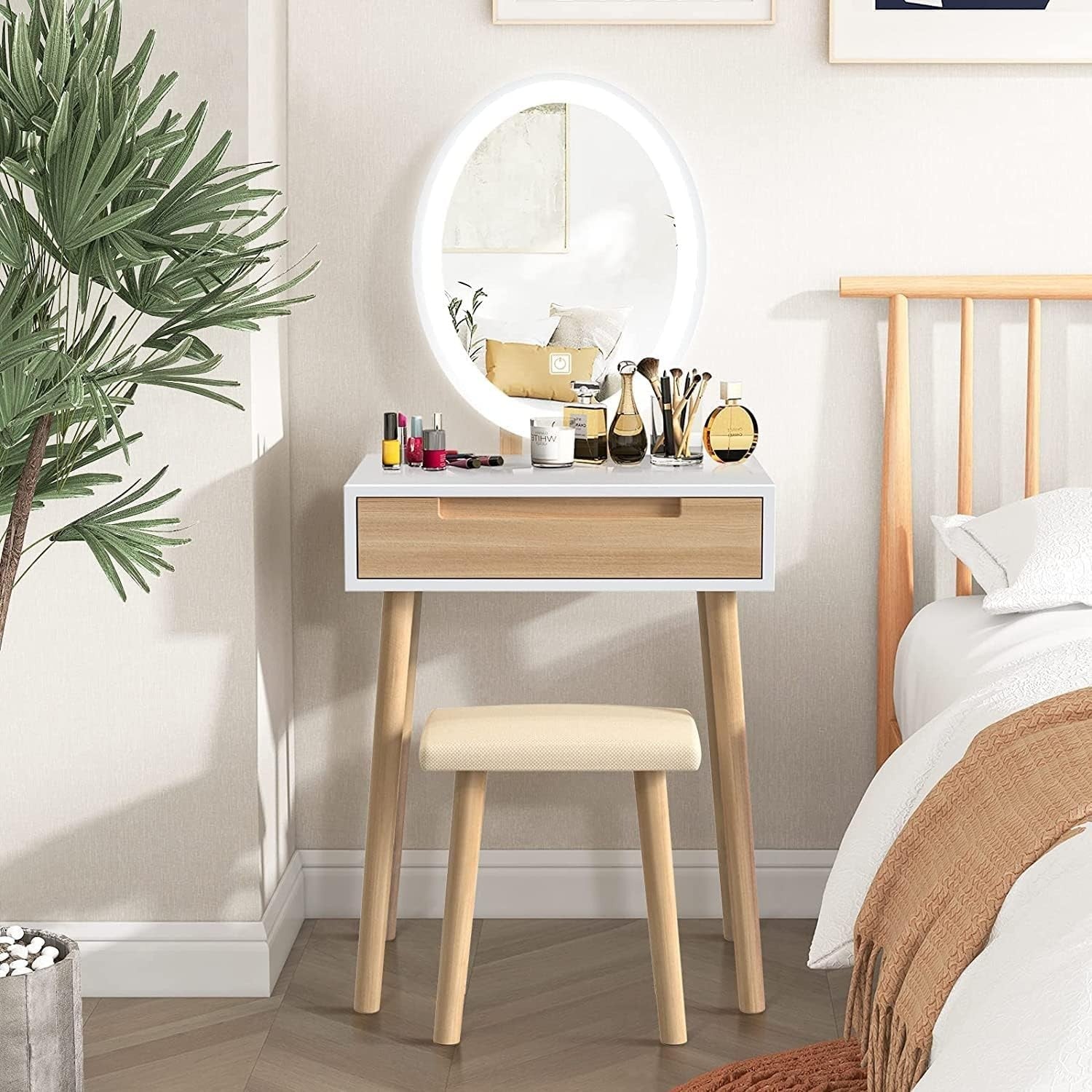 Dressing Table Vanity Desk w/ Oval LED Mirror Makeup Storage Wood Stool Set - Kwikley