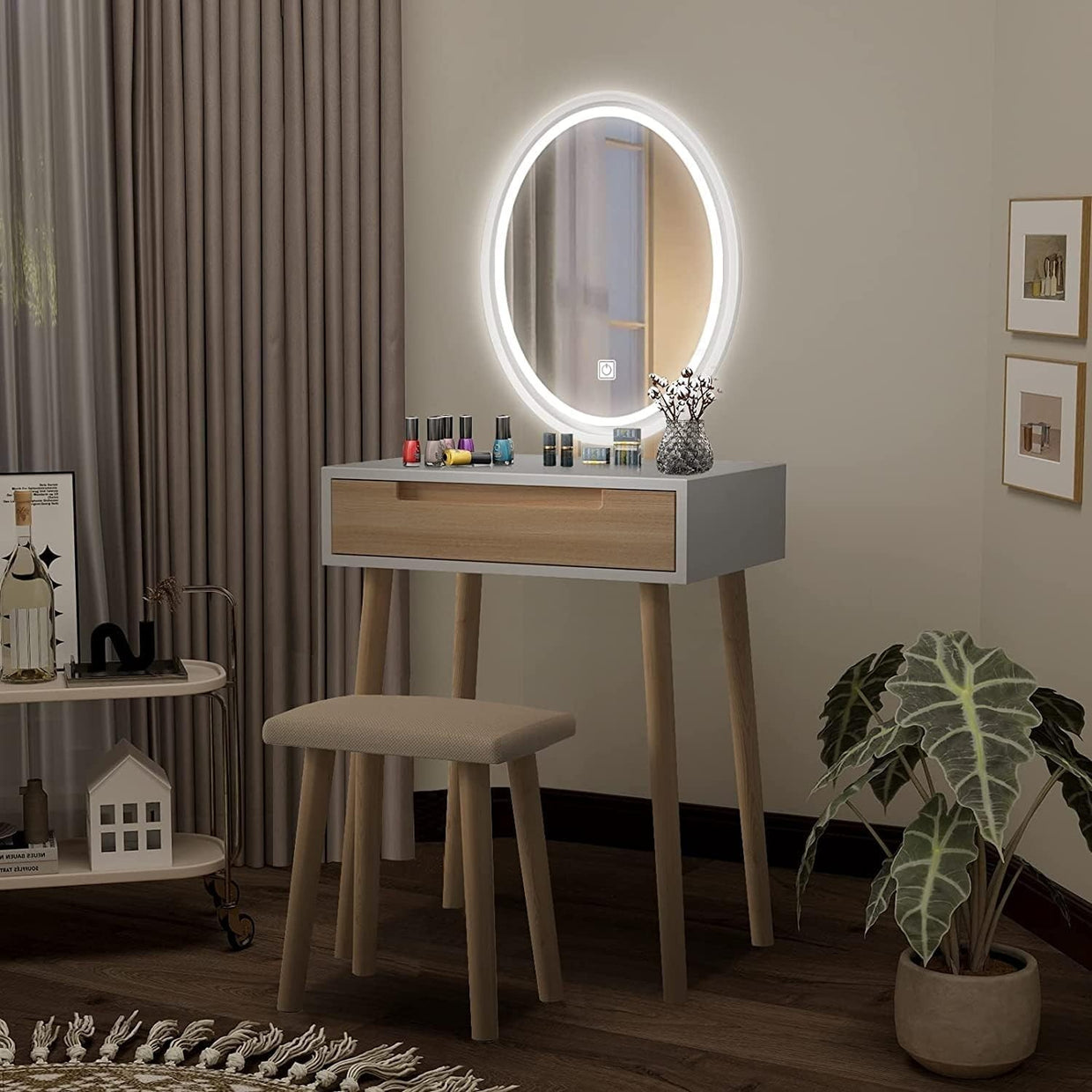 Dressing Table Vanity Desk w/ Oval LED Mirror Makeup Storage Wood Stool Set - Kwikley