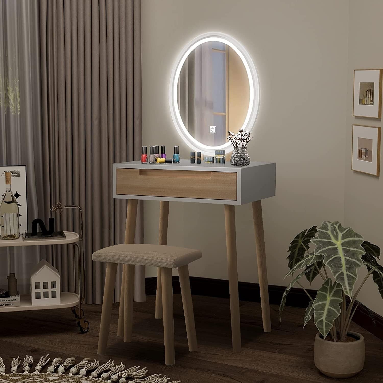Dressing Table Vanity Desk w/ Oval LED Mirror Makeup Storage Wood Stool Set - Kwikley