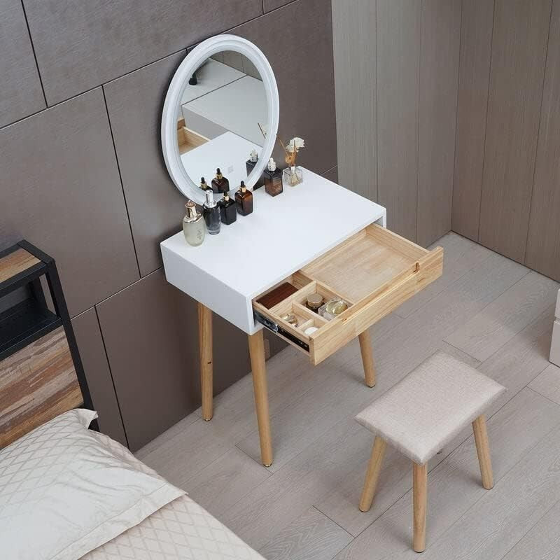 Dressing Table Vanity Desk w/ Oval LED Mirror Makeup Storage Wood Stool Set - Kwikley