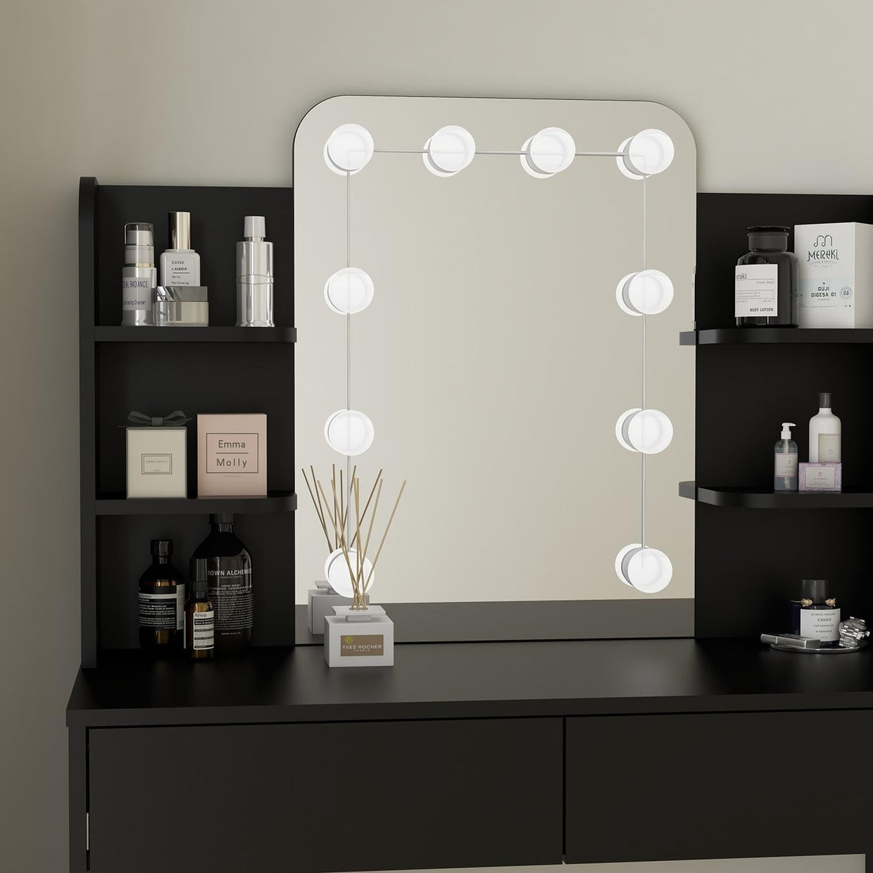 Dressing Table Vanity Desk with 10 LED Lights, 4 Shelves, 2 Drawers, Black - Kwikley