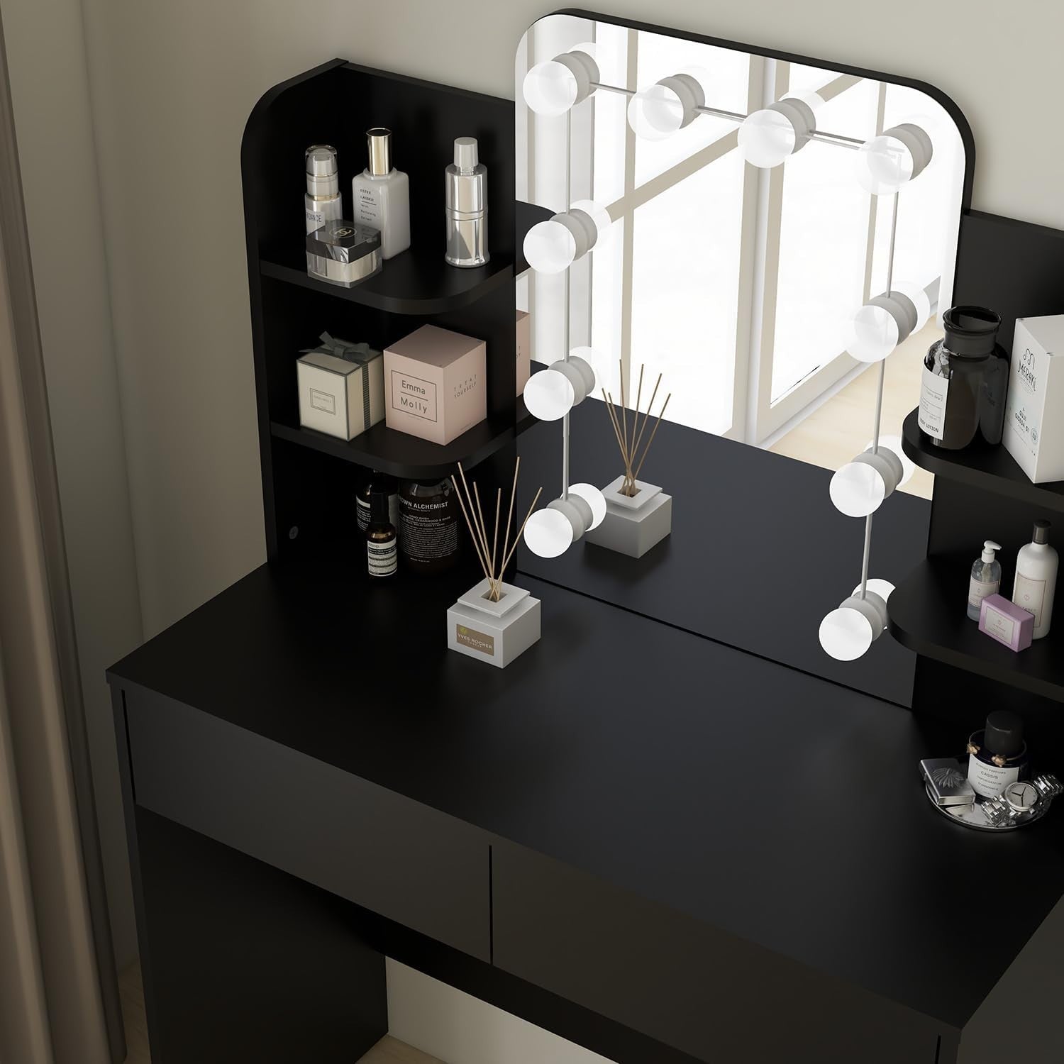 Dressing Table Vanity Desk with 10 LED Lights, 4 Shelves, 2 Drawers, Black - Kwikley