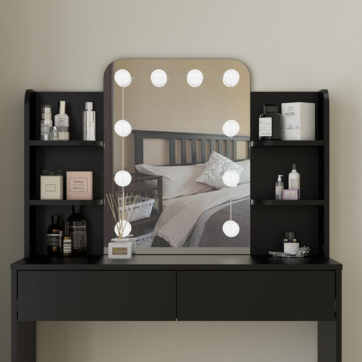 Dressing Table Vanity Desk with 10 LED Lights, 4 Shelves, 2 Drawers, Black - Kwikley