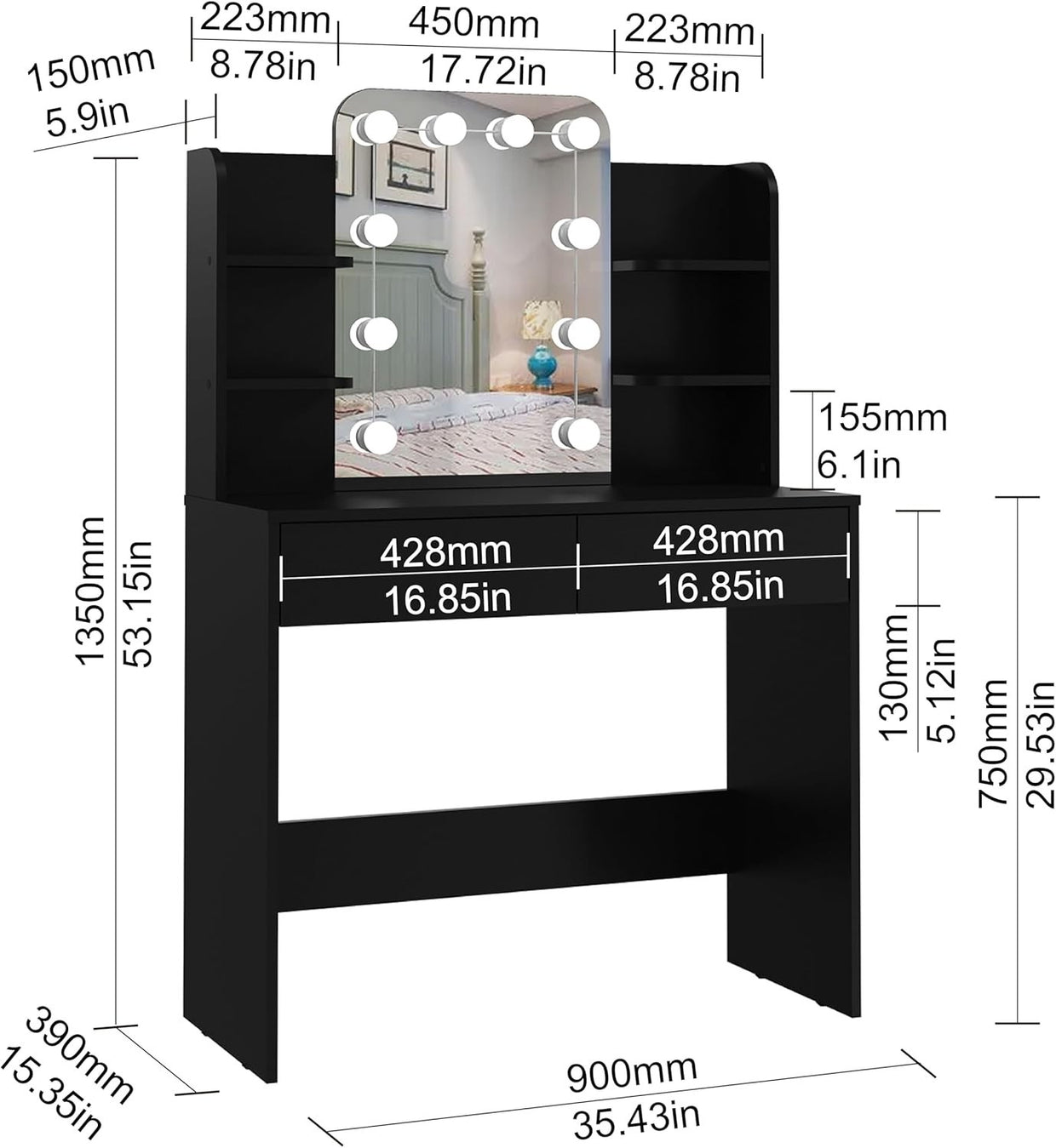 Dressing Table Vanity Desk with 10 LED Lights, 4 Shelves, 2 Drawers, Black - Kwikley