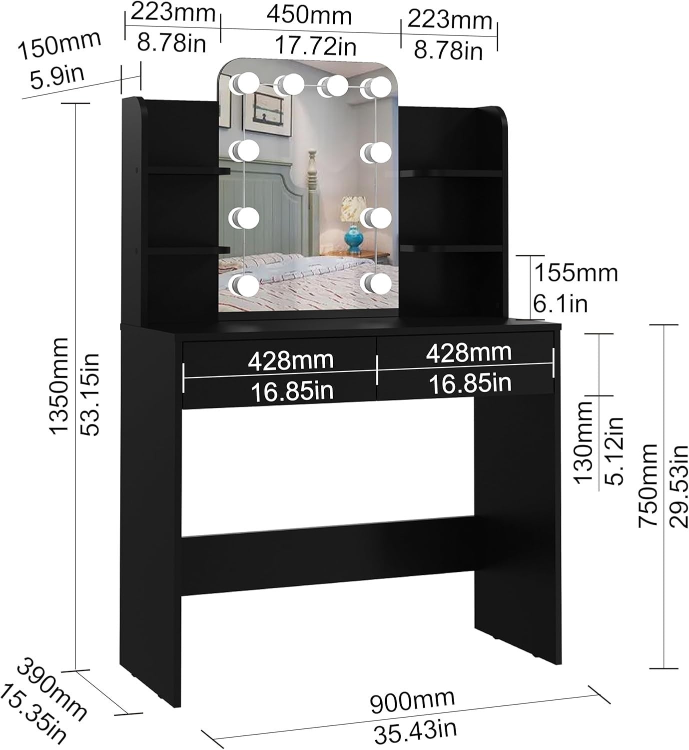 Dressing Table Vanity Desk with 10 LED Lights, 4 Shelves, 2 Drawers, Black - Kwikley