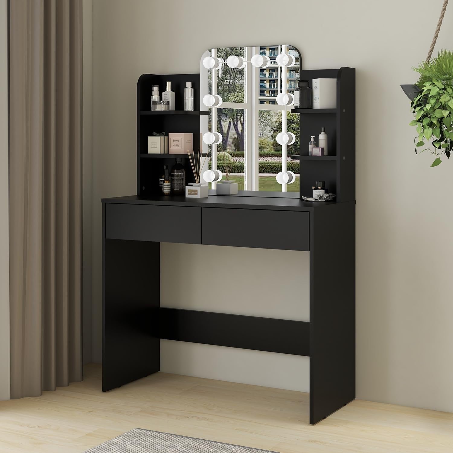 Dressing Table Vanity Desk with 10 LED Lights, 4 Shelves, 2 Drawers, Black - Kwikley
