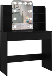 Dressing Table Vanity Desk with 10 LED Lights, 4 Shelves, 2 Drawers, Black - Kwikley