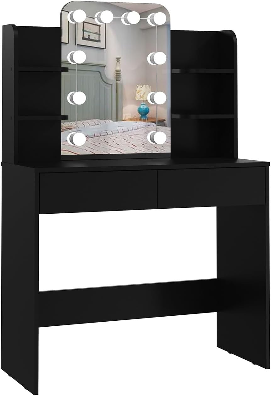 Dressing Table Vanity Desk with 10 LED Lights, 4 Shelves, 2 Drawers, Black - Kwikley