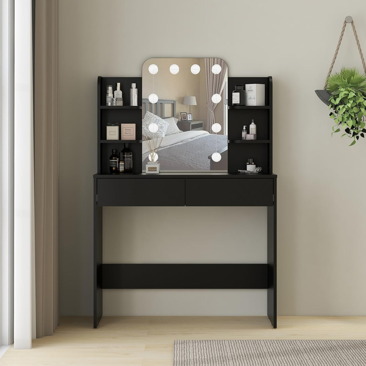 Dressing Table Vanity Desk with 10 LED Lights, 4 Shelves, 2 Drawers, Black - Kwikley