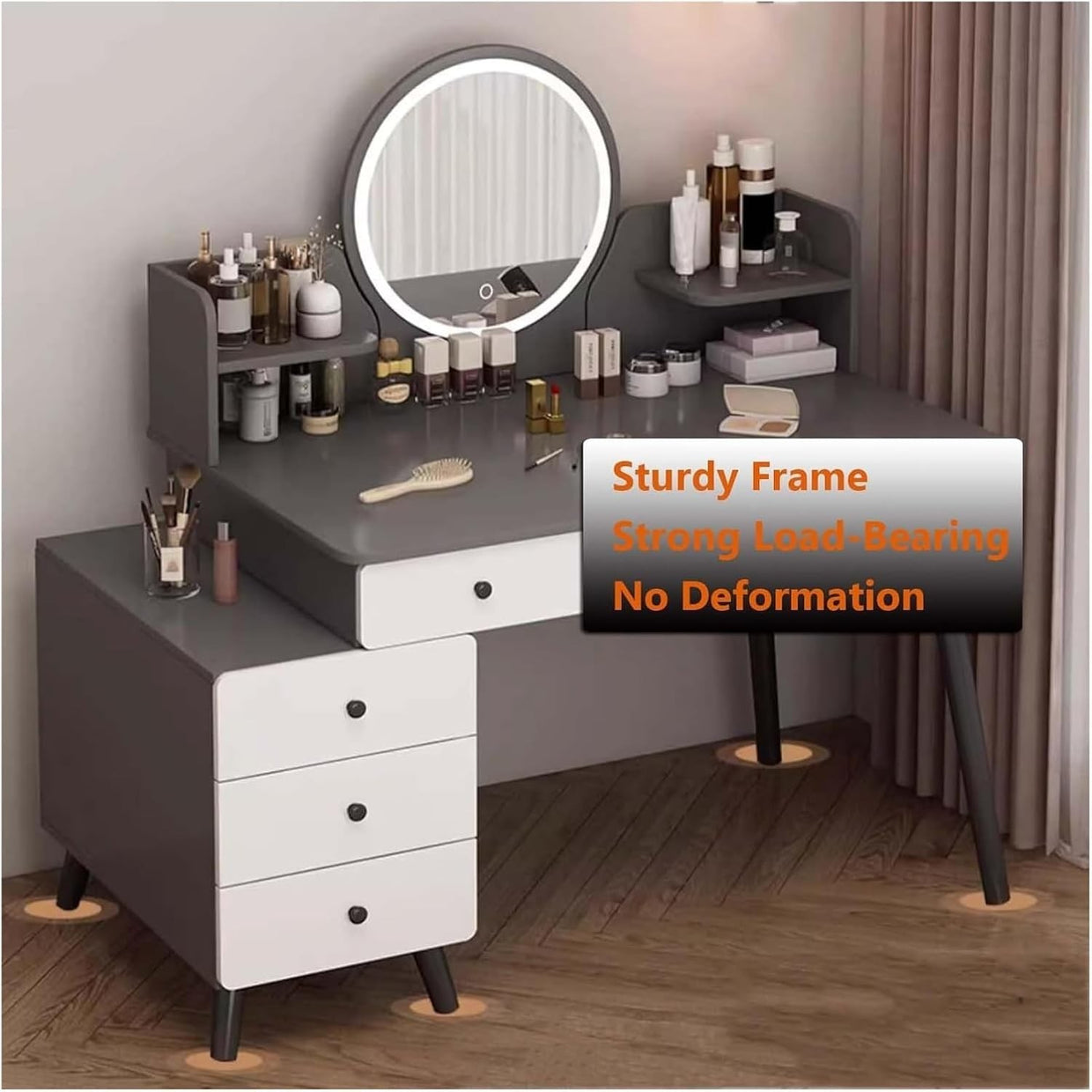 Dressing Table Vanity Desk with LED Lights & Stool, Makeup Storage Drawers, Mode - Kwikley