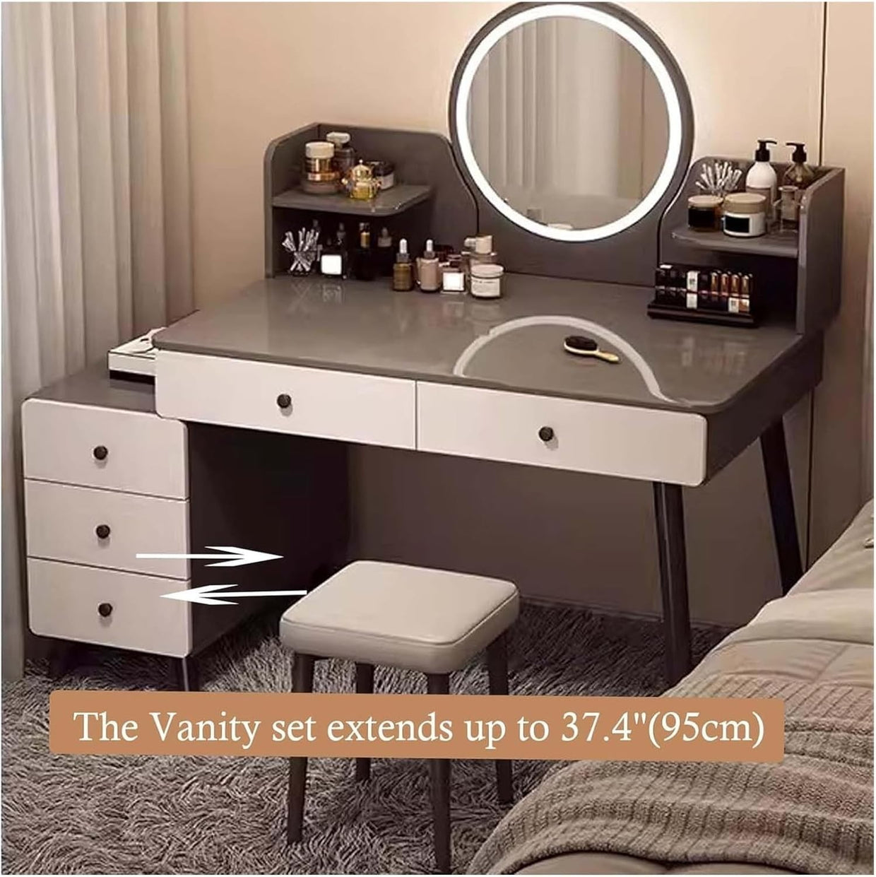 Dressing Table Vanity Desk with LED Lights & Stool, Makeup Storage Drawers, Mode - Kwikley