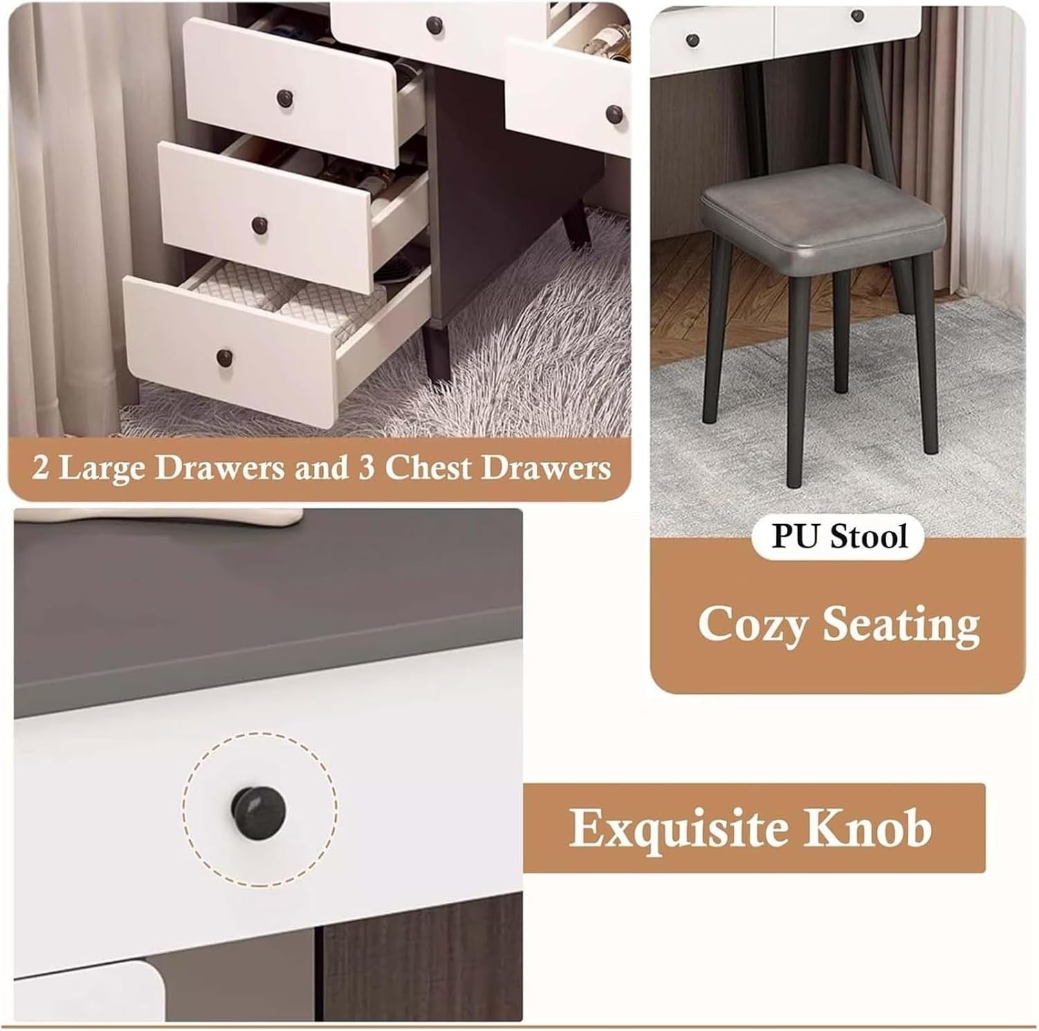 Dressing Table Vanity Desk with LED Lights & Stool, Makeup Storage Drawers, Mode - Kwikley